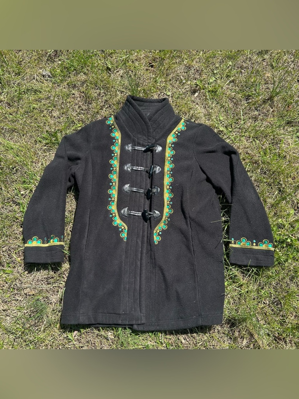 Black Embroidered Toggle Coat with Green & Gold Accents